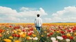 © Intelligent Horizons - A man walks alone through a vast lush field filled with a vibrant array of colorful flowers surrounded by the tranquil beauty of the natural countryside landscape  He appears carefree and joyful