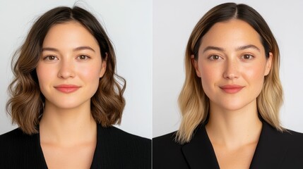 Closeup headshot portraits of two stylish young women side by side highlighting their similar yet distinct facial features expressions and personal style on a bright white studio background