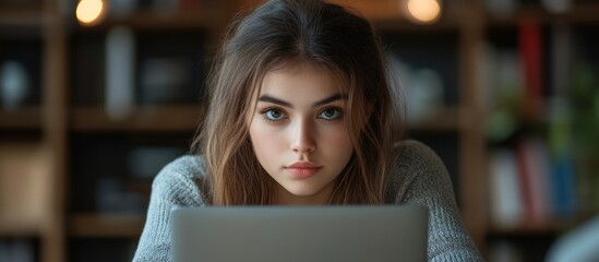 Wall Mural - Young woman with long brown hair looking at a laptop with a focused expression, sitting in a cafe.