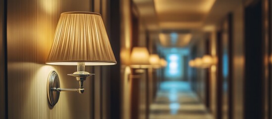 Canvas Print - A close-up of a lit wall lamp in a hallway with other lamps out of focus in the background.