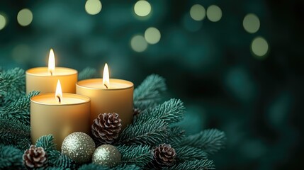 Wall Mural - burning advent candles with evergreen branches and pine cones on green background