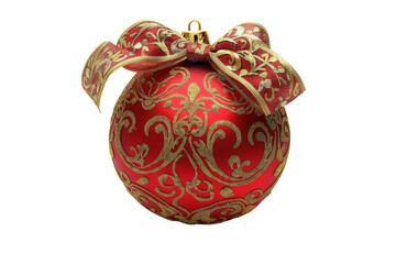 Wall Mural - Red Christmas ball with a beautiful bow and a golden pattern. Christmas design element isolated on white or transparent background