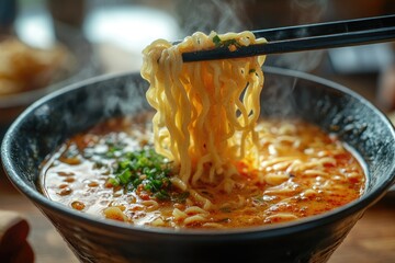 Wall Mural - Chopsticks lifting noodles from bowl of hot steaming ramen