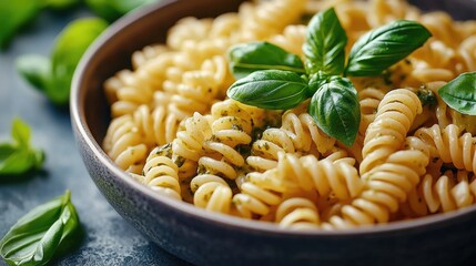 Wall Mural - Steaming bowl of fusilli pasta with pesto sauce and basil garnish