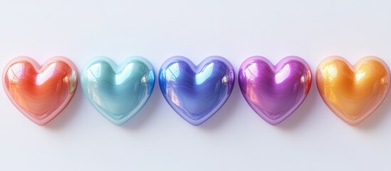 Canvas Print - Five colorful shiny hearts in a row on white background.