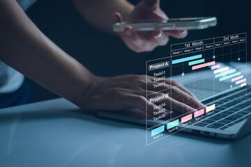 Project plan and manage concept. Project manager update tasks and milestones progress plan schedule interface program. Digital business project timeline manage. Business planning software technology
