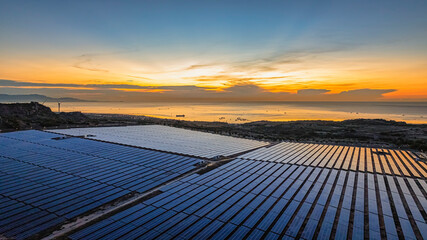 Solar panels reflect sparkling light From the sun ,Clean energy and environment. 3D rendering, Phuoc Dinh, Ninh Phuoc, Ninh Thuan, Vietnam