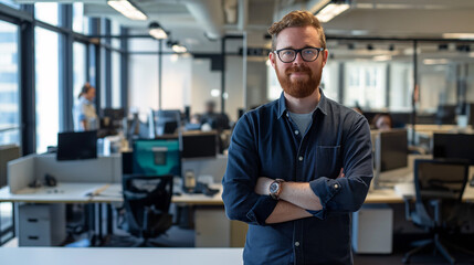 portrait of an American software engineer standing in modern office looking at camera, tech support worker