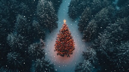 Aerial view of Christmas decorated tree in winter forest covered with snow and snowfall. Concept of Christmas celebration and standing out