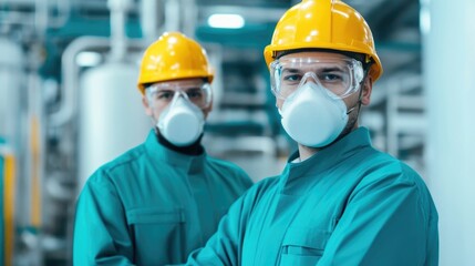 Two workers wearing protective uniforms masks and hardhats operating machines and equipment in a chemical production plant