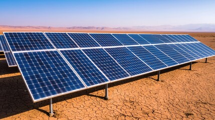 Solar panels on a dry, cracked surface under a clear blue sky.