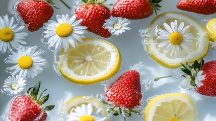 Canvas Print - Fresh strawberries and lemon slices float on a tranquil surface adorned with daisies, creating a vibrant and refreshing summer scene.