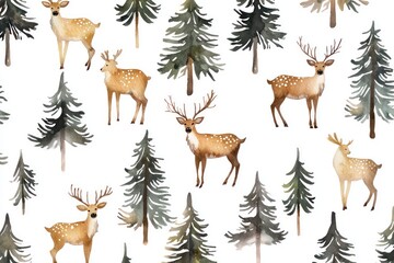 Naklejka na meble Reindeer and trees in a watercolor design, perfect for festive paper or textiles.