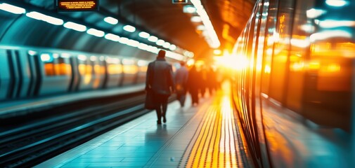 A busy subway platform during sunset, with commuters waiting for their train.