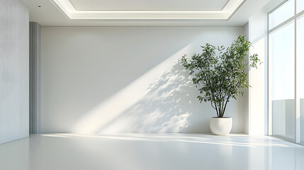 A large white room with a white wall and a white floor. A potted plant is placed in the corner of the room