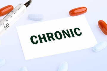 the word Chronic is written on a white business card lying on a light background