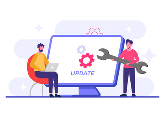 Computer with software update screen flat vector illustration, System maintenance, update process, install software, operating system