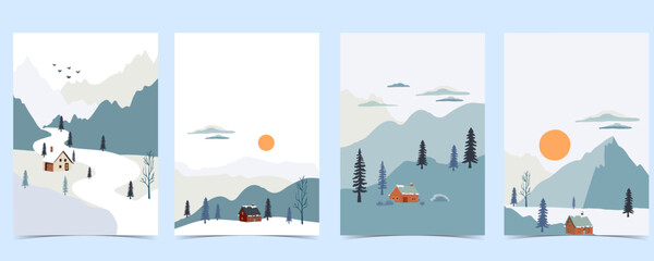 winter landscape background with mountain,tree.editable vector illustration for postcard vertical si