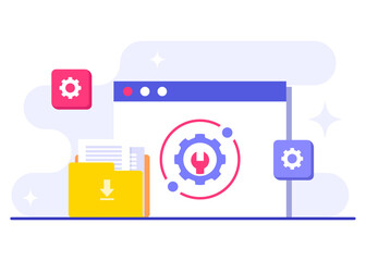 Wall Mural - system maintenance flat vector illustration, error, fixing trouble, device updating, software system