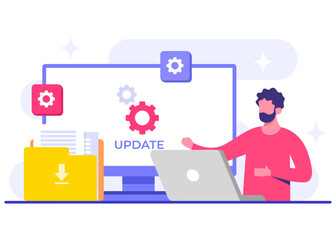 Wall Mural - software engineer updates operating system, software update flat vector illustration, system mainten