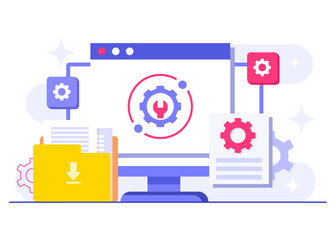 Wall Mural - system maintenance flat vector illustration, error, fixing trouble, device updating, software system