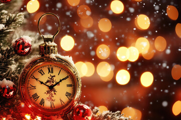 Poster - Clock resting atop festive Christmas tree, ornaments twinkling, symbolizing holiday cheer and timeless celebrations.