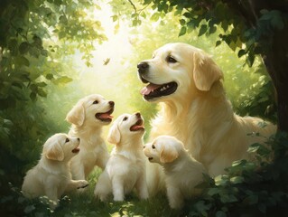 A joyful golden retriever surrounded by playful puppies in a sunlit forest, showcasing love and warmth in nature.