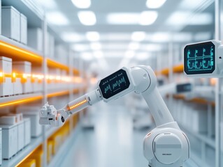 A robotic arm in a modern warehouse environment handling inventory with precision and efficiency.