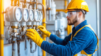 Worker Adjusting Industrial Equipment in Factory Setting.