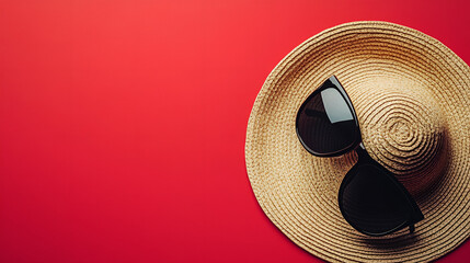 Sunglasses summer accessories concept including straw hat on red background. Top view. Suitable for marketing or business purposes. Panoramic banner with place for text