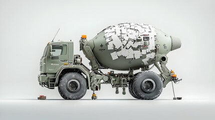 Layered cement mixer truck pouring paper concrete material on a construction site  Industrial machinery and equipment used in the building and architecture industry