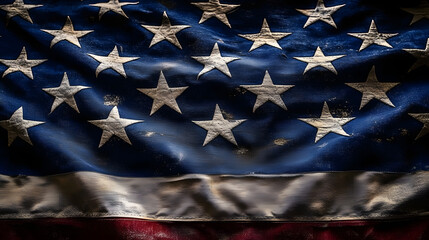 Wall Mural - A close-up shot captures the intricate details of the stars and stripes on a worn American flag, symbolizing resilience and endurance.