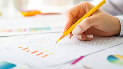 Close-up of a hand writing on a document with colorful charts, showcasing productivity and business analysis.