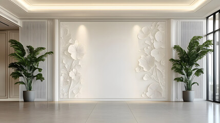 Wall Mural - A large white wall with a floral design and two potted plants on either side. The room is empty and has a clean, minimalist look