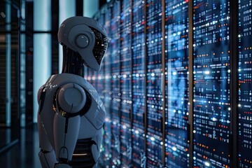 the robot stands in front of the data center cabinet and watches its operation.