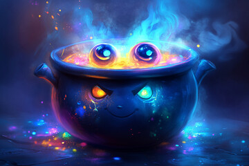 A cartoon witch's cauldron with steam and colorful bubbles rising out, and a pair of cute cartoon eyeballs floating on top.