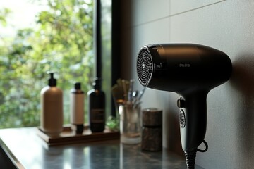 Black hair dryer mounted on a bathroom wall with natural light from a window