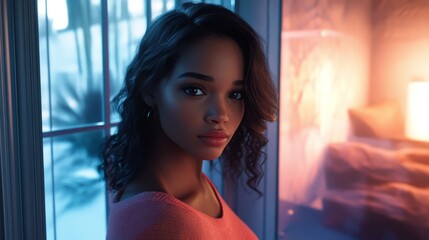 A young woman with curly hair gazes thoughtfully out a window at dusk, reflecting warm colors from the room