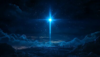 a bright blue beam shines down from the sky, illuminating the earth's surface with its light. the sc