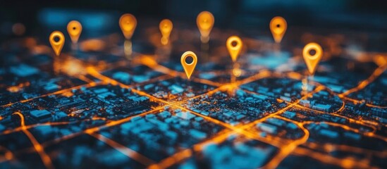 Wall Mural - illuminated city map with glowing location pins.