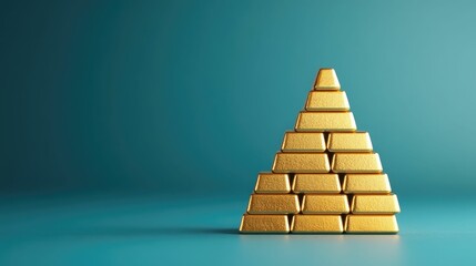 Stacked gold bricks in a pyramid formation symbolizing strong financial growth wealth and prosperity  The deep depth of field highlights the precision and value of the golden investment