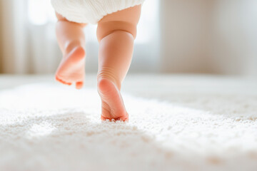 baby taking her first steps on a soft carpet. the image radiates joy, innocence, and the beauty of g