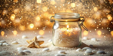 A Candle Glowing Inside a Glass Jar Amidst a Scattering of White Stones and a Glittering Background