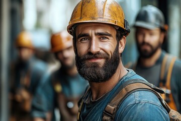 Construction worker with a big beard is smiling on a job site