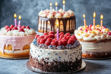 four birthday cakes with lighted candles and raspberry topping