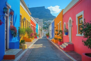 colorful houses lining street in bo-kaap, cape town, south africa