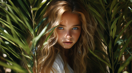 portrait of a beautiful girl with green leaves