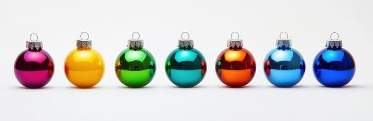 Christmas baubles in vibrant colors, holiday decoration on white background Banner.