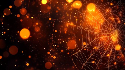 A spider web with glistening dewdrops, illuminated by warm, golden light, creating a captivatingly intricate design against a black background.
