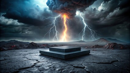 Wall Mural - black matte rock podium on volcano lava floor with dark sky and lightning